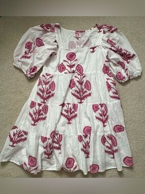 Victoria Dunn iraca palm Pink Floral Print - Puff Sleeve Tiered Dress/S